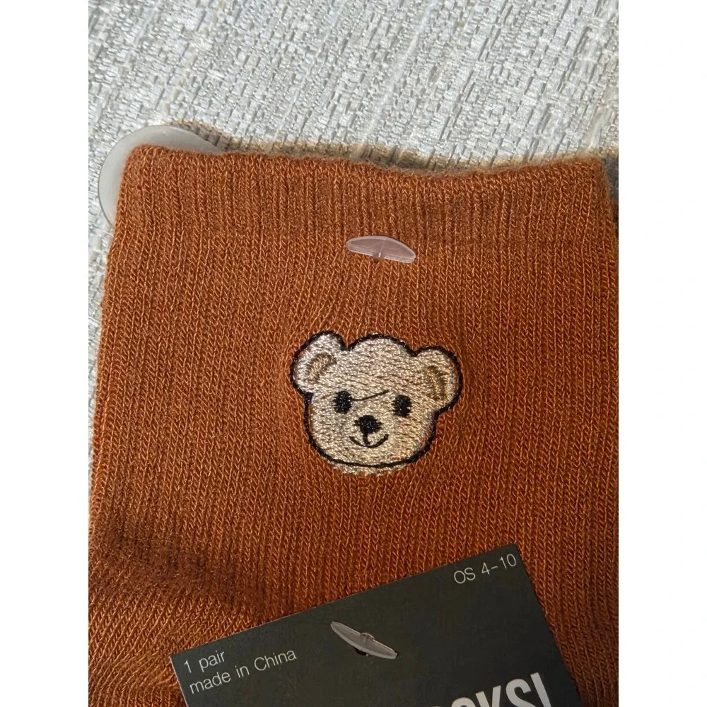 Hello Socks Womens Brown Teddy Bear Embroidered Ankle Sock Recycled Knit  4-10